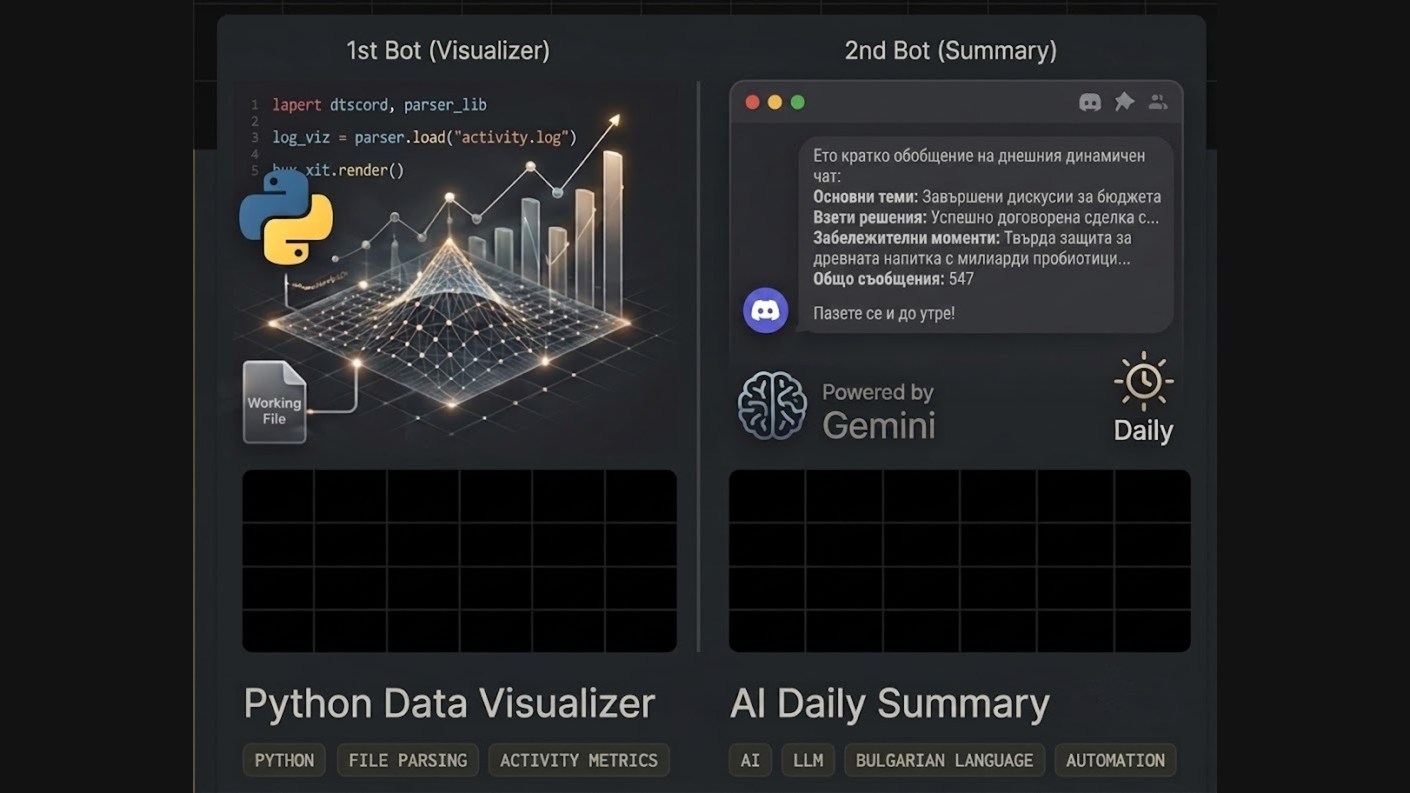 Two custom team chat bots — a Python data visualizer and an AI daily-summary bot powered by Gemini